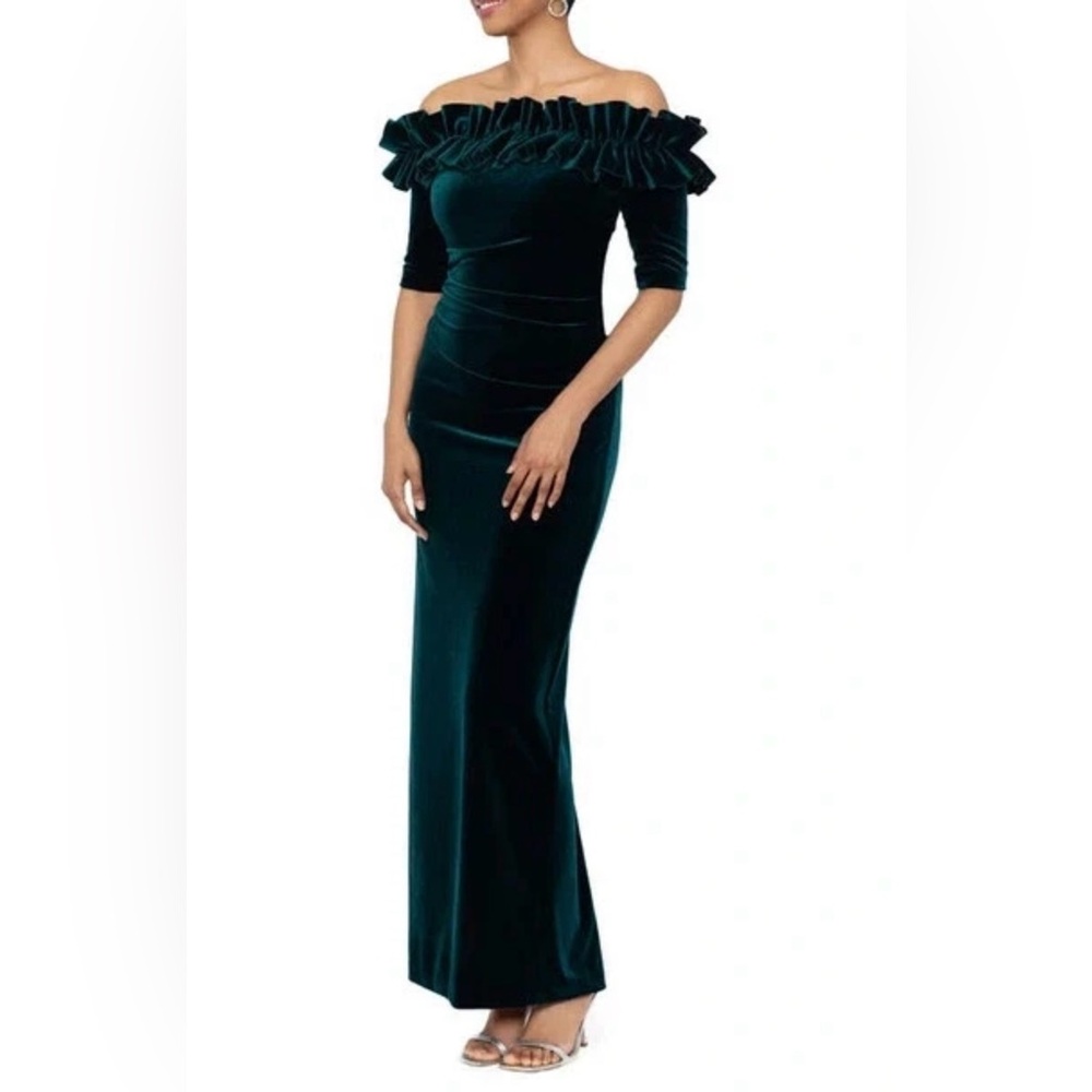 Xscape green velvet ruffles of the-Shoulder Gown Dress Sz.4